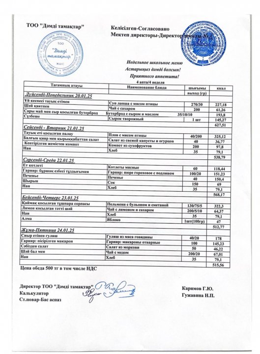 Ас мәзірі. 2025 жыл, қаңтар. 4-ші апта.